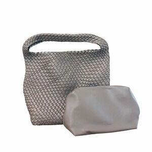 Melie Bianco Woven Tote Bag Taupe Vegan Leather Shoulder Bag w/ Pouch Boho